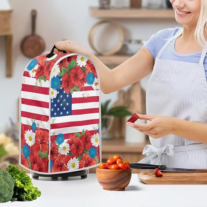 4th of July Blender Covers for Kitchen Food Processor Cover with Handle, Dust Covers for Kitchen Appliances Stand Mixer or Coffee Maker Appliance Cover, USA Flag Daisy