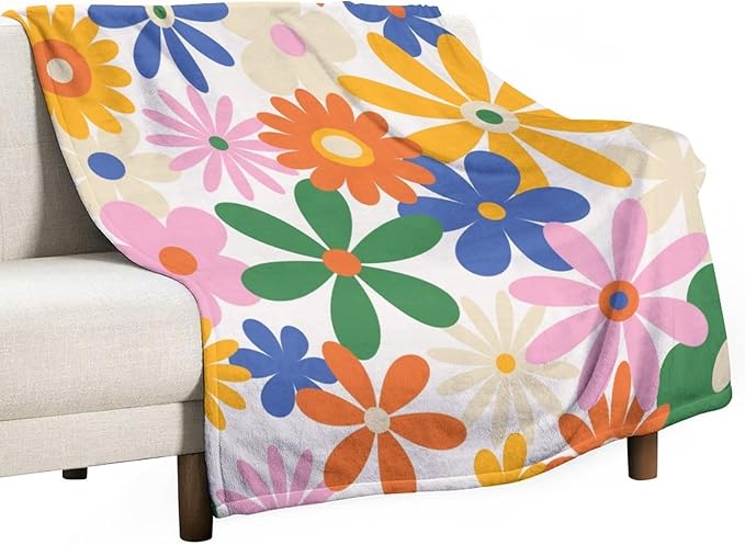 70s Retro Flower Throw Blanket, 60s Vintage Groovy Daisy Flowers Boho Hippie Bright Colorful Floral Print Blanket for Couch Chair Sofa Bed Dorm Bedroom Home 30"x40"