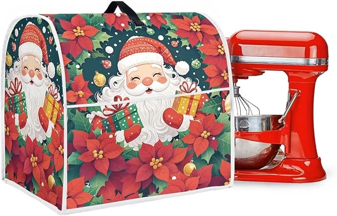 Santa Claus Stand Mixer Cover Dust Protective Poinsettia Stand Mixer Covers For Kitchen Aid 4.5-5 Quart Mixers Dustproof Cloth Cover for Small Appliance Protector Gift for Holiday