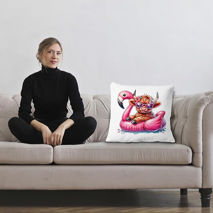 Funny Summer Heifer Cow Flamingo Pillow Covers 18x18, Cow Decorations for Home, Hot Pink Tropical Flamingo Western Cows Throw Pillow Covers for Couch Bed Home Bedroom Living Room