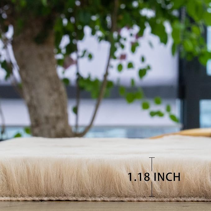 Beige Plush Faux Washable Rabbit Fur Area Rugs for Bedroom Shag Carpet for Living Room 4x6 Rectangle Nursery Rug