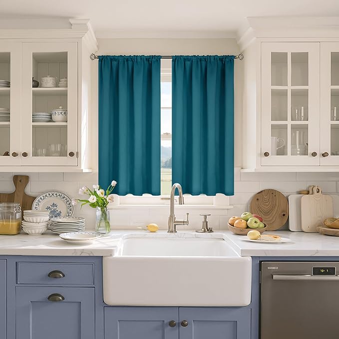 BGment Peacock Blue Blackout Curtains for Kitchen Bedroom Window - Short Drapes Thermal Insulated Blackout Blinds for Rv Bathroom Privacy, 42 x 48 Inch, 2 Panels