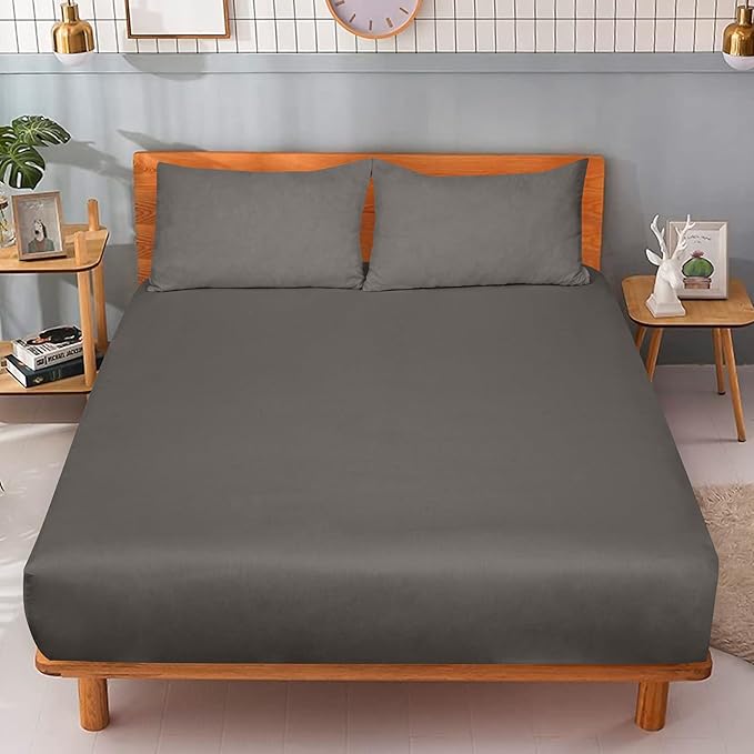 ROYALE LINENS 300 Thread Count 100% Long Staple Combed Cotton Fitted Sheet Queen - Super Soft Deep Pocket Bottom Sheet - Fitted Sheets Only - Elastic Sheets (Queen, Grey)