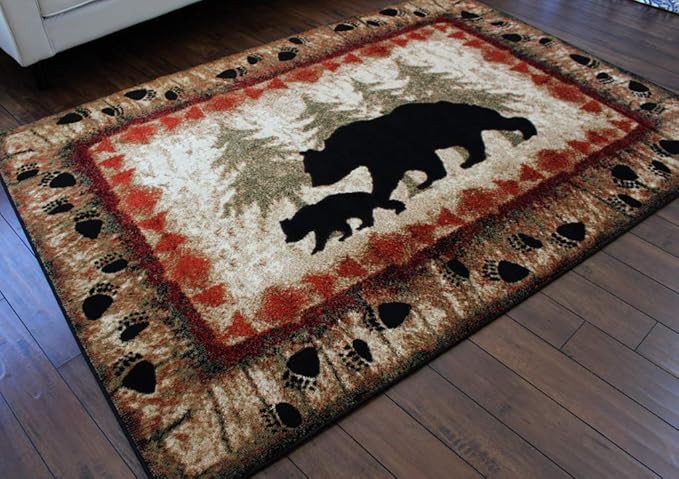 Masada Rugs, Cabin Lodge Area Rug Bear and Cub Scene (4 Feet X 5 Feet)