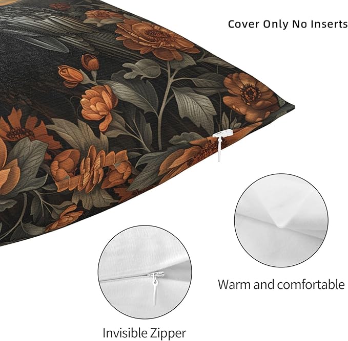 Mystical Raven Art Print Decor, William Morris Abstract Vintage Floral Design 16x16 inches Throw Pillow Covers Square Pillowcases Decor for Bed Couch Sofa Room Cushion Covers