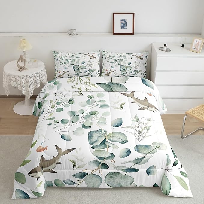 Erosebridal Girls Kawaii Animal Full Comforter Set Cute Shark Bedding Set Full, Cartoon Wildlife Bedding Comforter Sets Green Leaf Duvet Set, Spring Plant Quilted Comforter Child Kids Bedroom Decor