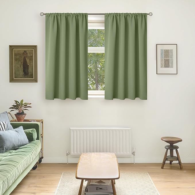 BGment Olive Green Blackout Curtains 48 Inches Length - Rod Pocket Thermal Insulated Room Darkening Short Window Drapes for Kitchen Bedroom Bathroom, 2 Panels, 42 x 48 Inch