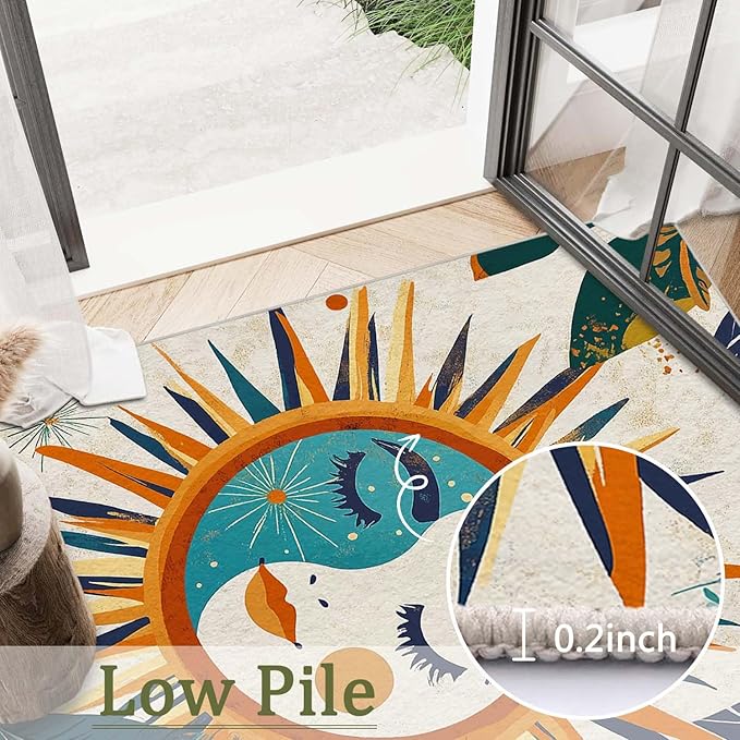6x9 Sun and Moon Area Rug Leaf Orange Yellow Blue Beige Rug Non Slip Low Pile Large Carpet for Home Kitchen Living Room Bedroom Dining Room Office