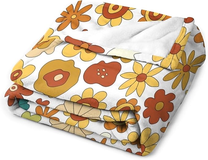 Vintage Hippie Floral Blanket, 70s Boho Abstract Yellow Orange Flowers Funny Print Throw Blanket for Holiday Theme Home Decor Bedding Couch 50"x60"