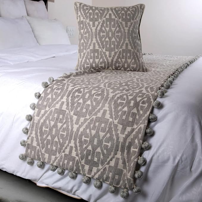 The HomeCentric Grey Bed Runner Without Pillow Cover, Full Size 68"x18" Decorative Bed Runner, Grey Cotton Bed Scarf in Aztec Pattern with Tassels - Grey Aztec