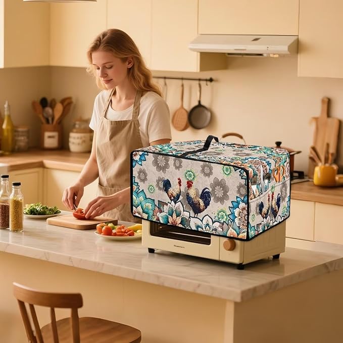 Rooster Boho Mandala Floral Print Microwave Oven Dust Cover Polyester-Linen Fabric Microwave Oven Cloth Cover Universal Case Protections Protector with Storage Bags, S