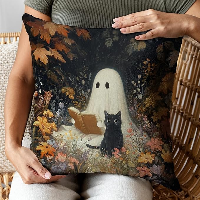 Vintage Floral Throw Pillow Covers, Vintage Flower Pattern Double Sided Cushion Cover, Indoor and Outdoor Home Art Decor Pillowcase for Sofa or Bedroom Decor 18x18inches (Ghost&Cat, 18x18inches)