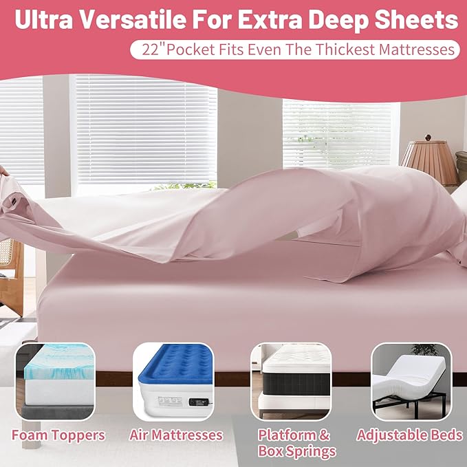 Extra Deep Pocket King Sheets 18-24 Inch 100% Egyptian Cotton 1000 Thread Count Sateen Weave Soft Breathable 4 Pieces（King，Light Pink）