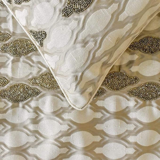 The HomeCentric King/Queen/Twin Ivory Decorative Queen 74"x18" Bed Runner with Two Pillow Cover, Bead Hand Embroidery Bed Scarf on Jacquard Fabric - Priscilla Dazzle