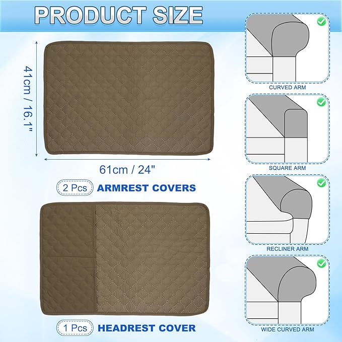 uxcell 3 PCS Armrest Covers, Couch Arm Cover Furniture Protect Slide Recliner Chair Armchair Covers with Side Storage Pocket for Sofa Recliner, Camel