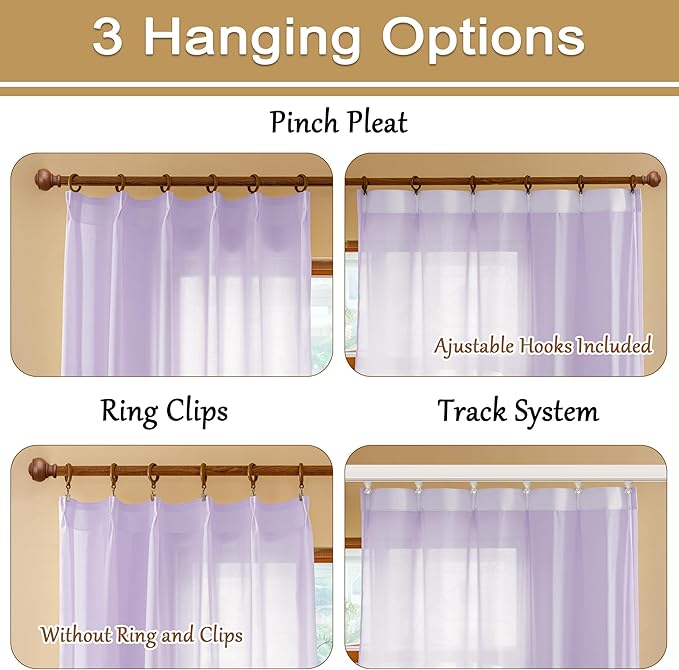Lavender Sheer Pinch Pleat Curtains 63 Inches Long Light Filtering Short Curtain Panels Soft Touch Pleated Drapes with Adjustable Hooks for Bedroom, Pastel Lilac, 42" W x 63" L, 2 Panels