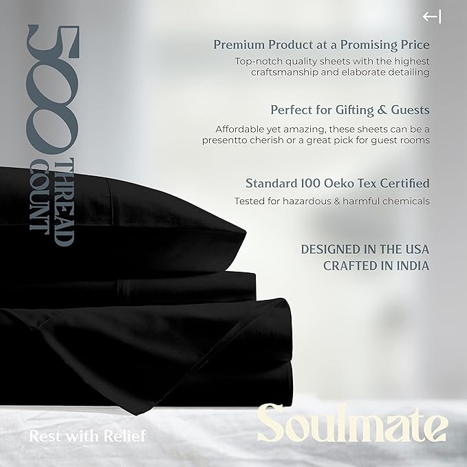 Mayfair Linen 100% Cotton Bed Sheets Queen Set - 500 Thread Count Cotton Sheets for Queen Size Bed, 4 PC Set (Black), Ultra Soft, Cooling, Sateen Weave 16" Deep Pocket Bedsheet for Hot Sleepers