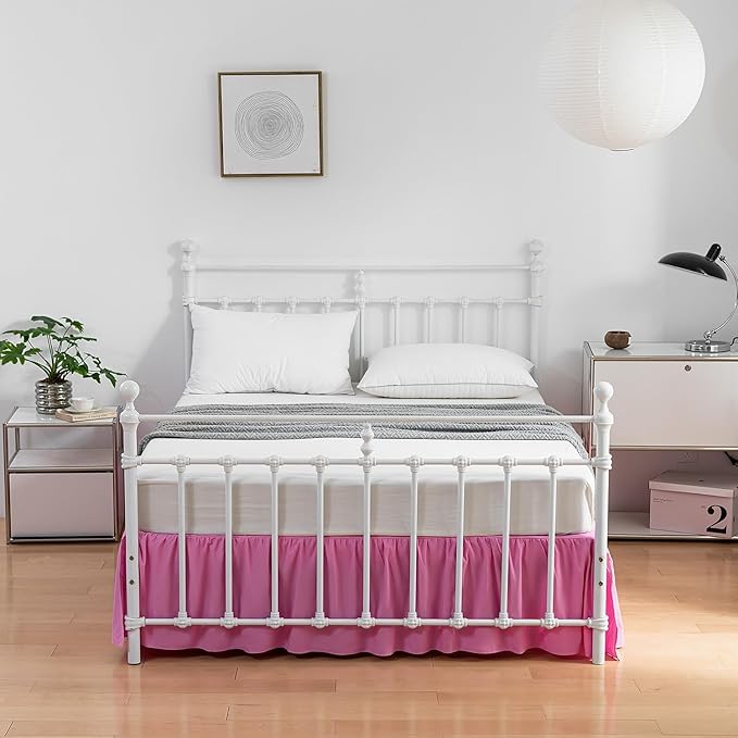 Bed Skirt Full Size Ruffled Bed Skirts with Split Corners, 14 Inch Drop Dust Ruffle Bed Skirt with Platform, 14 Inch Drop, Pink