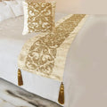 The HomeCentric King/Queen/Twin Gold Designer King 90"x18" Bed Runner with Pillow Cover, Foil & Hand Beaded Embroidery Bed Scarf on Jacquard Fabric - Ornamento Oro