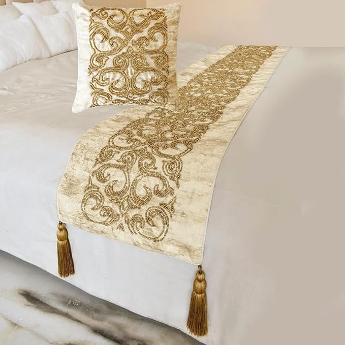 The HomeCentric King/Queen/Twin Gold Designer Full 68"x18" Bed Runner with Pillow Cover, Foil & Hand Beaded Embroidery Bed Scarf on Jacquard Fabric - Ornamento Oro