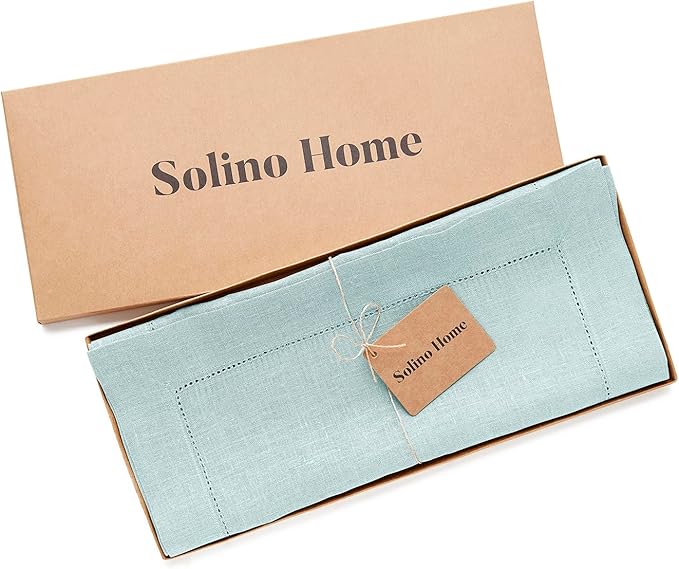 Solino Home Linen Aqua Blue Table Runner 120 Inches Long - 100% Pure Linen Hemstitch 14 x 120 Inch Table Runner for Dining, New Year - Classic Hemstitch