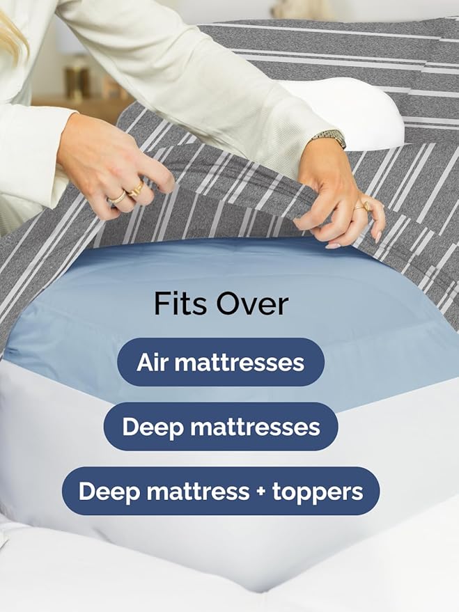 Extra Deep Pocket Queen Sheet Set - 4 Piece Breathable & Cooling Bed Sheets - Hotel Luxury Sheet Set - Ultra Soft, Wrinkle Free & Comfy - Fits Extra Deep Mattresses - Deep Pocket Grey Stripes 3 Sheets