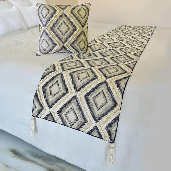 The HomeCentric King/Queen/Twin Blue Decorative King 90"x18" Bed Runner Without Pillow Cover, Lace & Moroccan Decor Bed Scarf on Jacquard Fabric - Akida