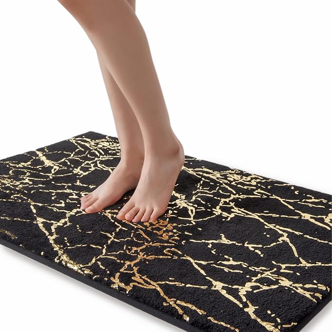 QJHOMO Marble Bathroom Rug Black and Gold Decor Bathroom Rugs Non Slip Bath Mat Super Absorbent Microfiber Plush Bathmat Machine Washable Floor Carpet for Tub, Shower, Bedroom (24x36 inch)