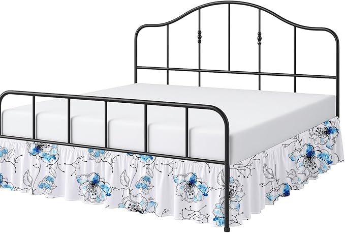 Cottington Lane Ruffled Bed Skirt Queen Size with Split Corner, Brushed Microfiber Hotel Quality Dust Ruffle, 14 Inch Drop Gathered Bedskirt, Soft, Stylish, Shrink & Fade Resistant, Blue Blossom