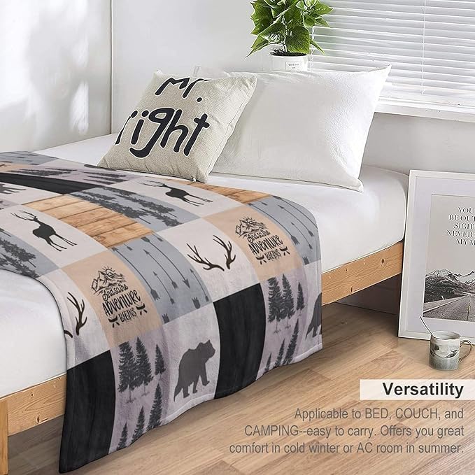 Rustic Cabin Throw Blanket, Retro Camping Bear Deer Farmhouse Wildlife Tree Forest Brown Gray Print Warm Flannel Blanket for Bedroom Camping Travel, 40"x50"