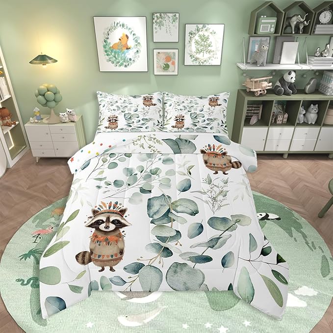 Erosebridal Cute Raccoon Bedding Full Size for Kids Child Green Eucalyptus Comforter Set Full, Woodland Animal Duvet Insert Plant Leaves Quilt Comforter, Cartoon Wildlife Bedding Comforters & Sets