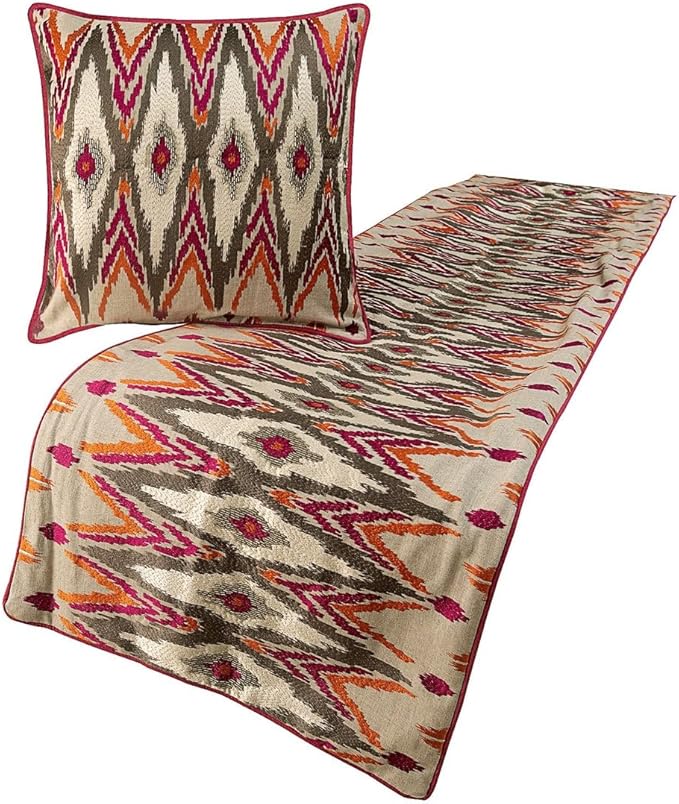 The HomeCentric King Queen Twin Multi Color & Pink Decorative Full 68"x18" Bed Runner with Pillow Cover, Embroidered & Beaded Bed Scarf on Cotton Linen Fabric - My Ikat Love