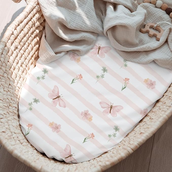 3-Pack Organic Bassinet Sheets for Girls Stretch, Soft Cozy Fitted Bassinet Mattress Sheet (32" x 16") Universal Fit for Hourglass, Oval, & Rectangle Mattresses Pink Butterfly