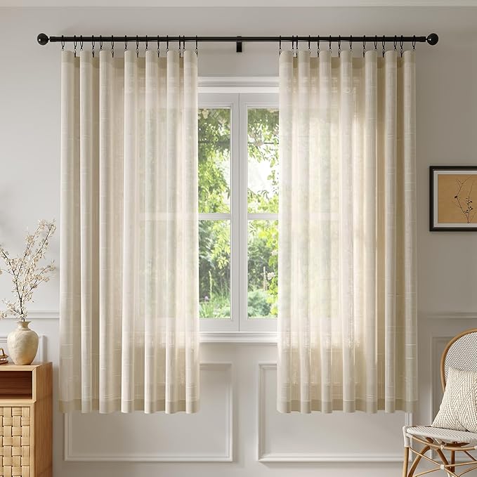 Anmao Natural Linen Curtains for Living Room 72 Inch Length 2 Panels Set, Light Filtering Semi Sheer Window Curtain Drapes for Bedroom with Curtain Rings and Clips, 52 Inch Wide Each Panel, Ecru