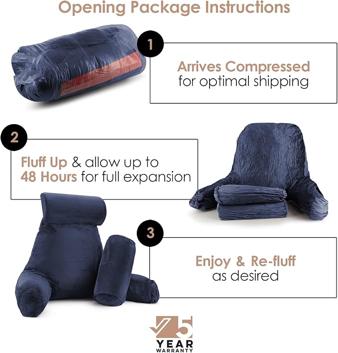 Nestl Reading Pillow with Shredded Memory Foam Includes 2 Neck and Lumber Support Pillows, Designed for Sitting Up in Bed and Couch, Back and Arms Adjustable Support for Adult & Teens, Navy Blue