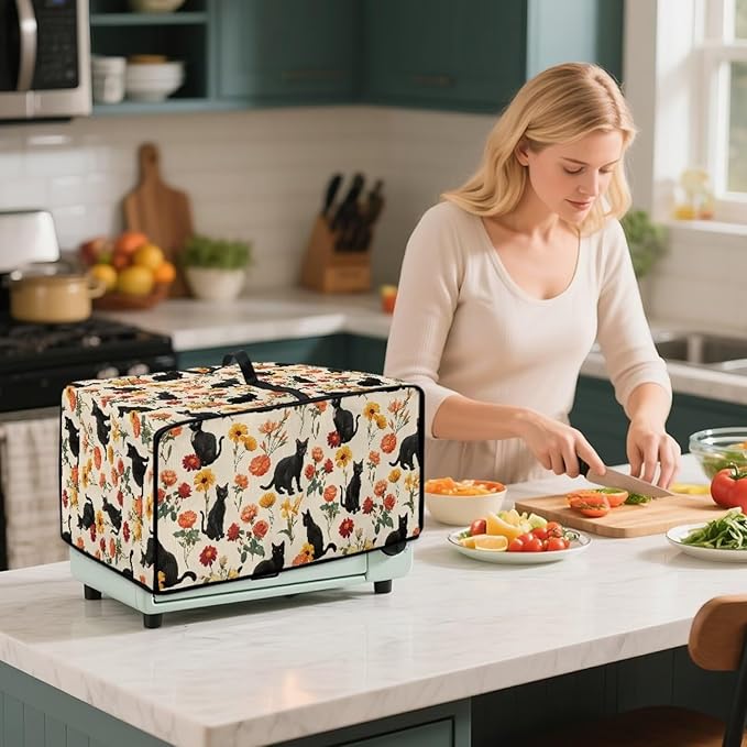Black Cat Rose Daisy Floral Print Microwave Oven Cover with Storage Pockets Toaster Oven Dust Cover Universal Dustproof Kitchen Appliance Protector Suitable for Most Microwave Ovens, M