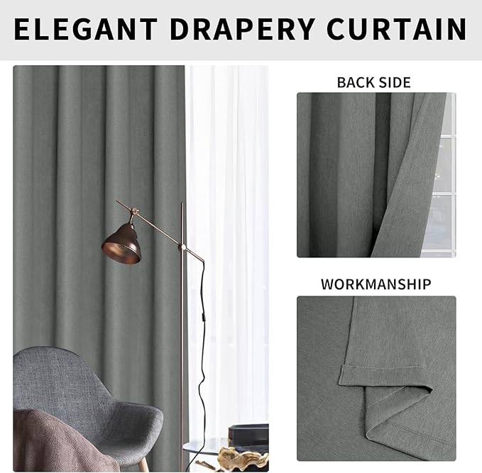 Easy-Going Linen Look Blackout Curtain Grommet Window Curtain Drapes for Bedroom, Living Room Thermal Insulated Room Darkening (2 Panels, 42x84 inch, Grey)