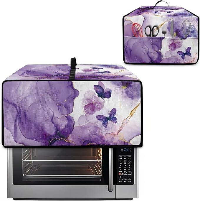 Countertop Microwave Oven Cover with Side Pockets, Dust Protection Small Appliance Toaster Ovens Dust Cover, L, 18.5 x 22.5 x 13 Inches, Violet White Marble Butterfly