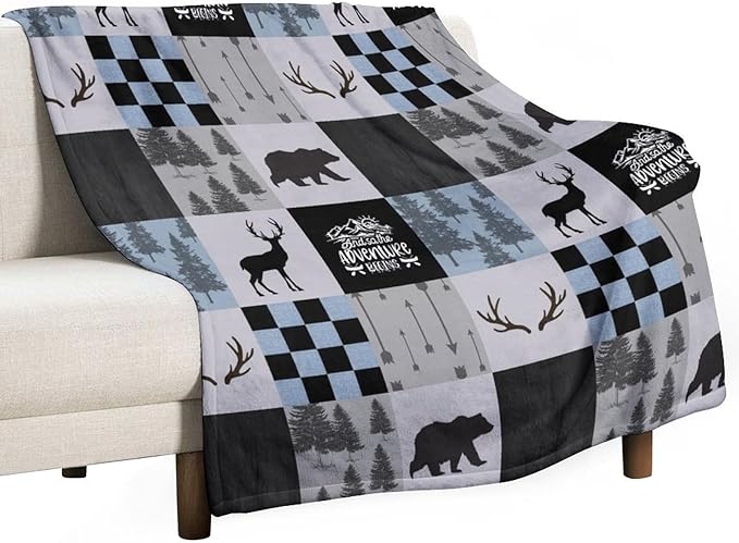 Bear Cabin Plaid Blanket, Rustic Retro Bear Deer Patchwork Gray Blue Farmhouse Throw Blanket for Couch Bed Living Room, 40"x50"