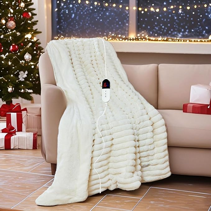 Heated Blanket 90"X100",Fast Heating Blanket with 6 Heat Levels 10 Hours Auto-Off Overheat Protection,Stripe Faux Rabbit Fur Soft Warm, ETL Certified,Cream