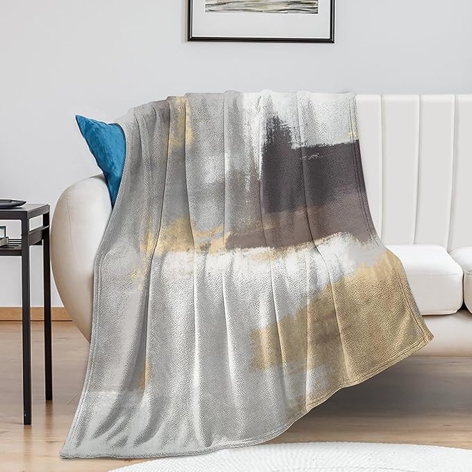 Fashion Gradient Blanket, Modern Abstract Baroque Grey Glod Painting Strokes Pattern Soft Warm Cozy Plush Flannel Covers for Livingroom Bedroom Couch Chair Camping Travel Home Decor Tapestry 40x50in
