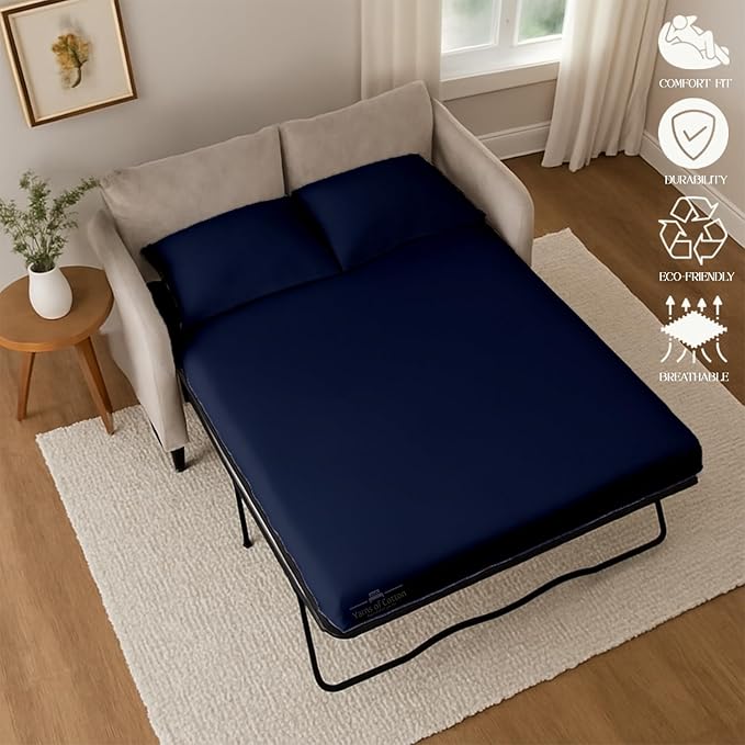 Sleeper Sofa 4 Piece Bed Sheet Set Premium Quality 100% Cotton 500 Thread Count, Smooth & Super Soft Sateen Weave, Extra Soft Bed Sheets, Wrinkle Free, 6 Inch Deep Pocket (Queen, Navy)