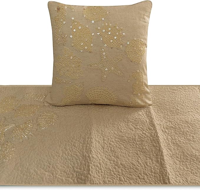 The HomeCentric King Queen Twin Beige Handmade CA King 86"x18" Bed Runner Without Pillow Cover, Pearl Embroidery Bed Scarf on Linen Fabric - Off to The Sea