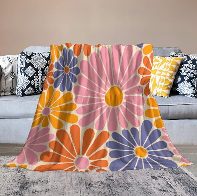 1970s Hippie Floral Throw Blanket, Retro Orange Pink Blue Flower Boho Groovy Daisy Flowers Comfortable Blanket for Couch Sofa Couch Chair 50"x60"
