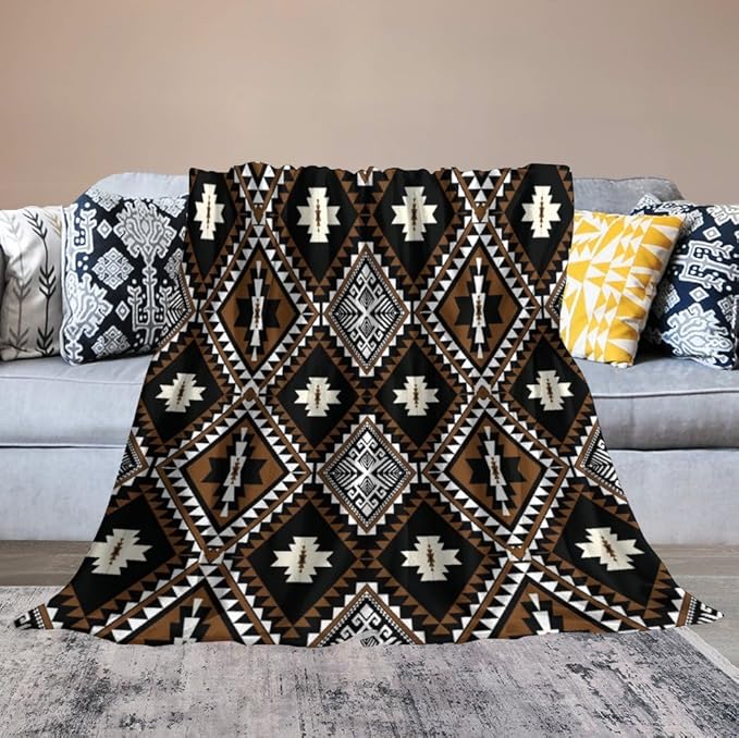 Rustic Western Throw Blanket, Southwestern Bohemian Ethnic Style Native Aztec Pattern Flannel Blanket for Sofa Bed, All Seasons 50"x60"