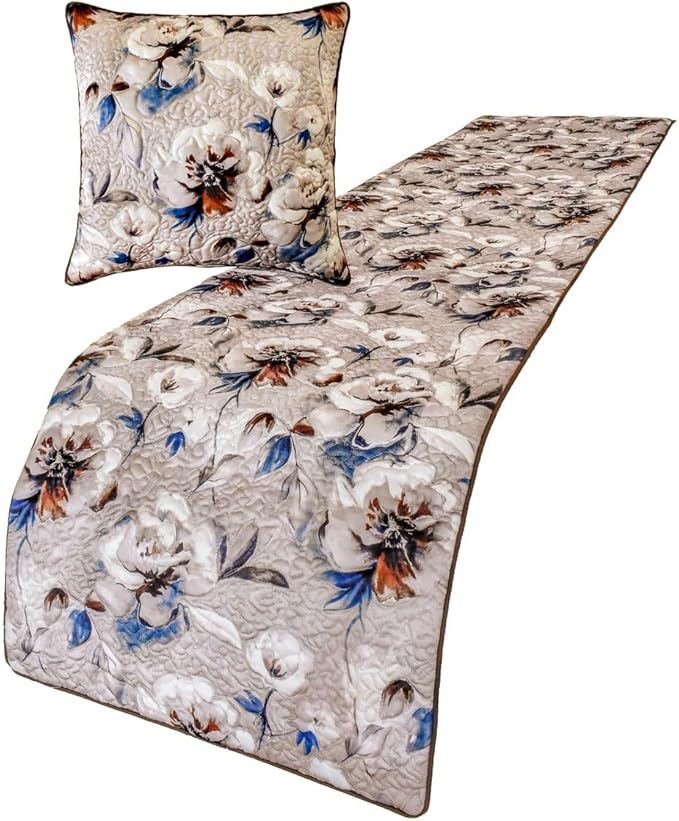 The HomeCentric King/Queen/Twin Ivory Luxury Queen 74"x18" Bed Runner with Two Pillow Cover, Floral, Quilted Bed Scarf on Satin Fabric - Floral Harmony