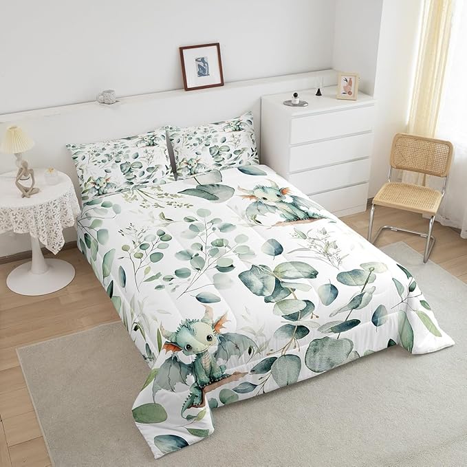Erosebridal Boys Magic Animal Toddler Bedding Sets Cute Dragon Comforter Set, Cartoon Wildlife Bedding Comforter Sets Green Leaf Duvet Insert, Spring Plant Down Comforter Child Kids Bedroom Decor