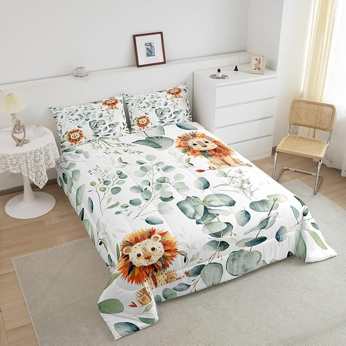 Erosebridal Cute Lion Bedding Twin Size for Kids Child Green Eucalyptus Comforter Set Twin, Woodland Animal Duvet Insert Plant Leaves Quilt Comforter, Cartoon Wildlife Bedding Comforters & Sets