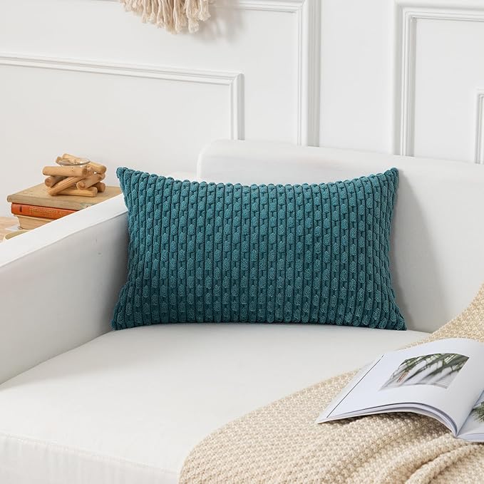 Kevin Textile 14x24 Inch Pillow Cover 1 Pack Boho Decorative Soft Striped Corduroy Lumbar Farmhouse Color Accent Rectangle Cushion Case for Living Room Couch Sofa Bed, Teal Blue