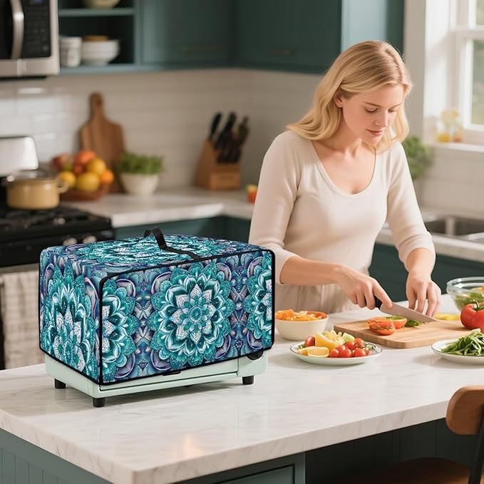 Boho Mandala Lotus Flower Print Microwave Oven Dust Cover with Storage Bags Toaster Oven Cover Polyester-Linen Fabric Small Appliance Dust Covers Fingerprint Protection, L